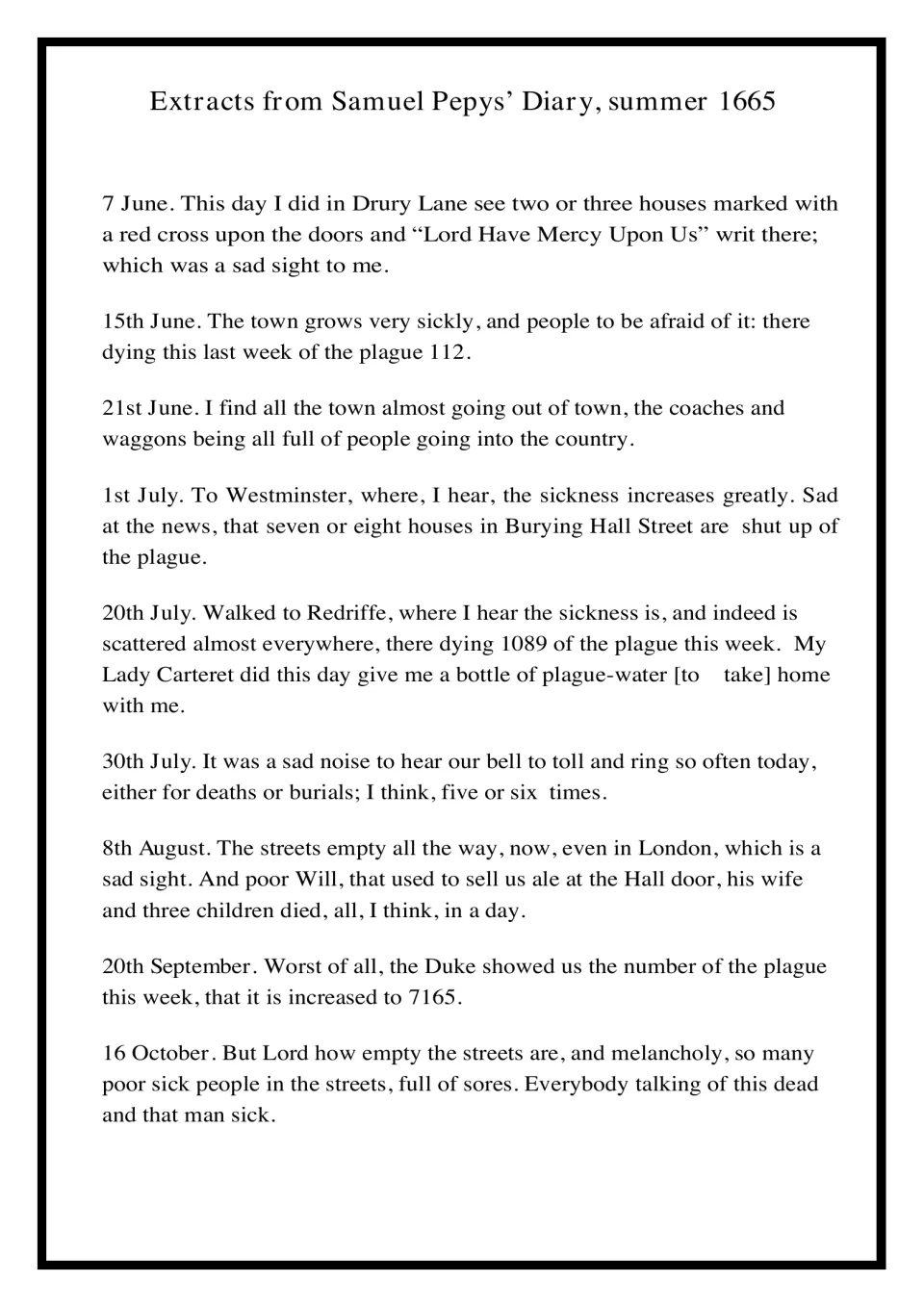 Extracts from Samuel Pepys' Diary, summer 1665: dated entries on red crosses, people fleeing and rising plague deaths