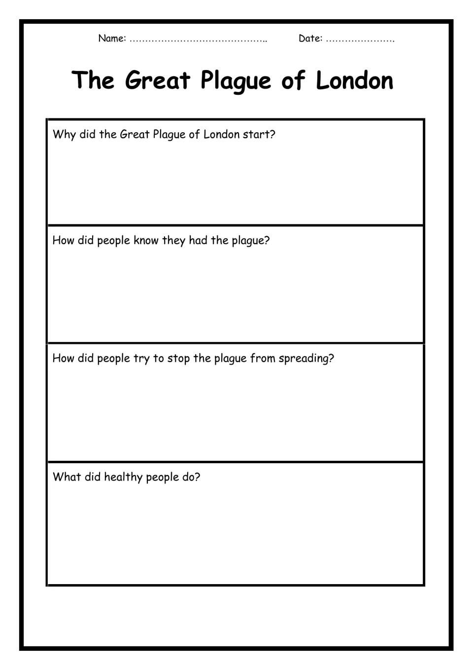 Great Plague questions: students write why it started, its signs, how people stopped it and what the healthy did