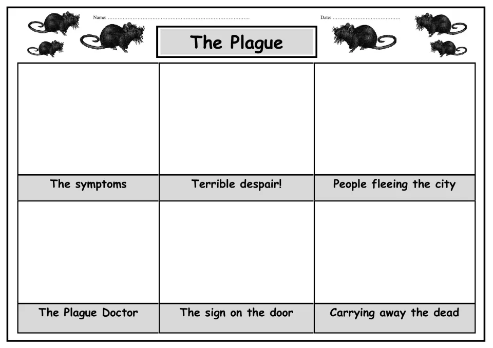 Plague storyboard: students draw six scenes, from symptoms and despair to the plague doctor and carrying away the dead