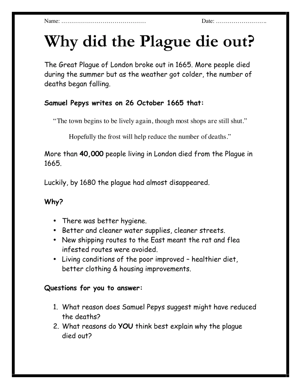 Great Plague of London 1665: students read a Pepys diary quote and four reasons it died out, then answer 2 questions