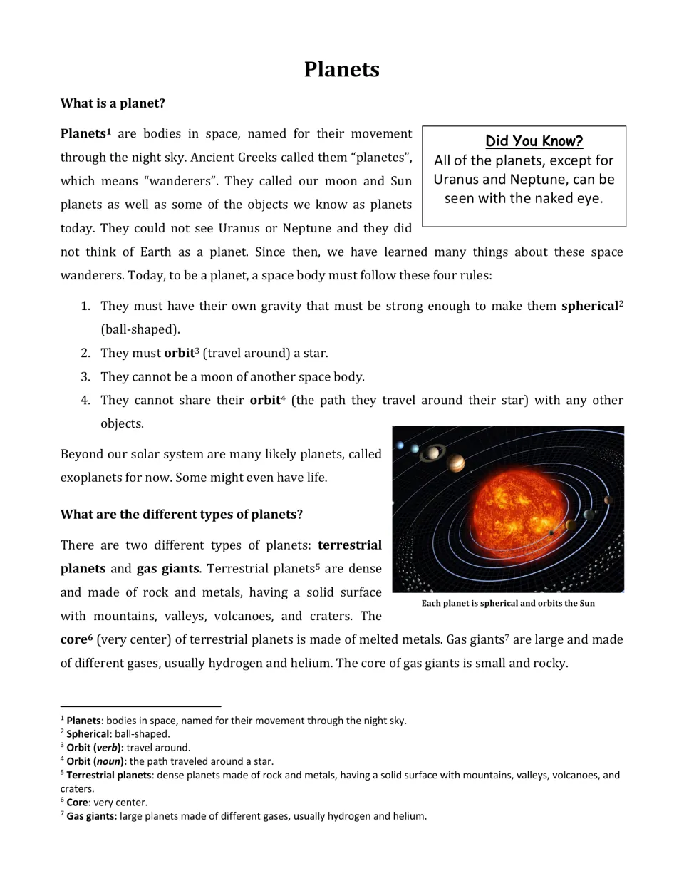 Planets reading: what makes a planet, the four rules, and terrestrial planets versus gas giants, with a solar system photo