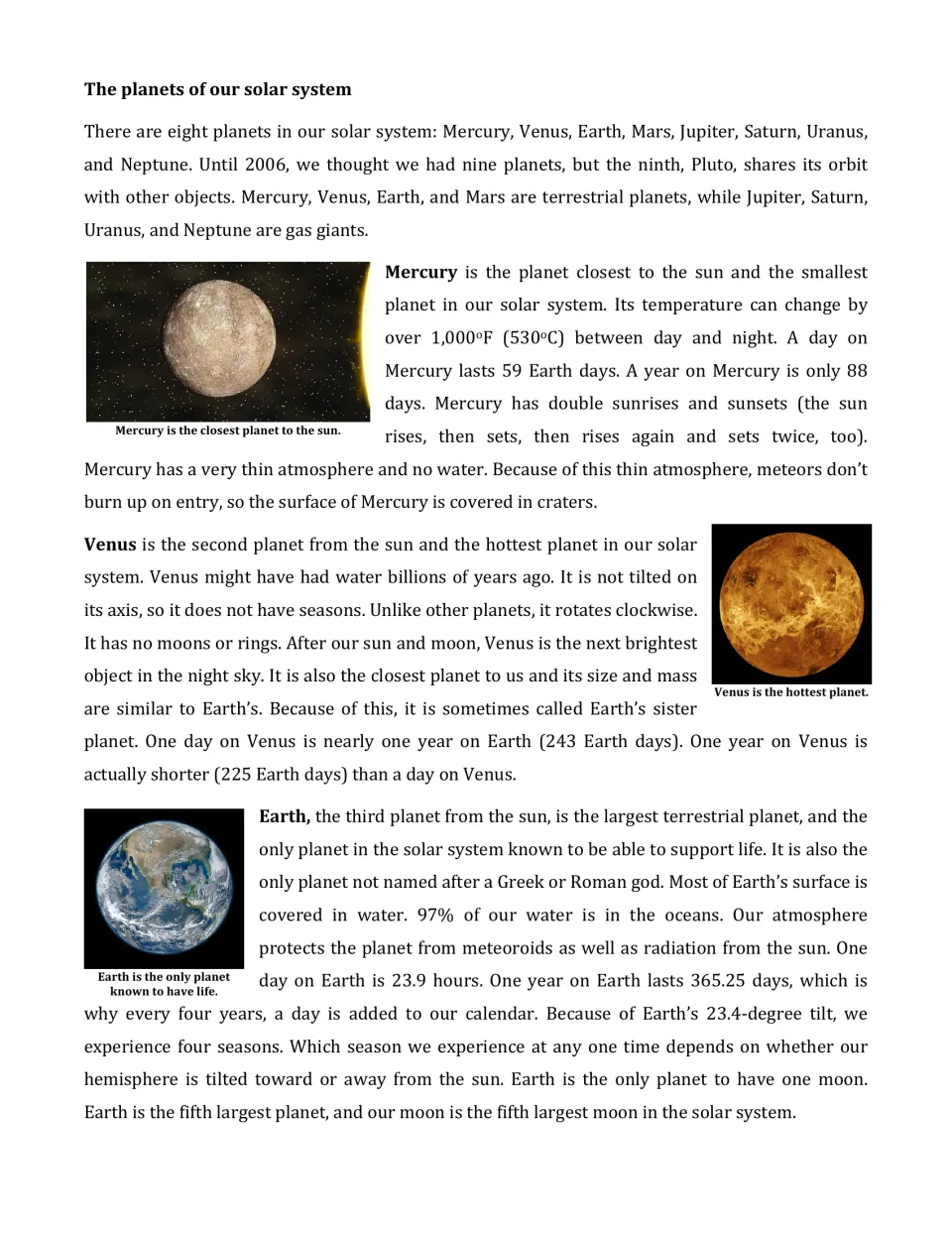 Planet facts reading on Mercury, Venus and Earth: distance from the sun, day and year length, with a photo of each planet