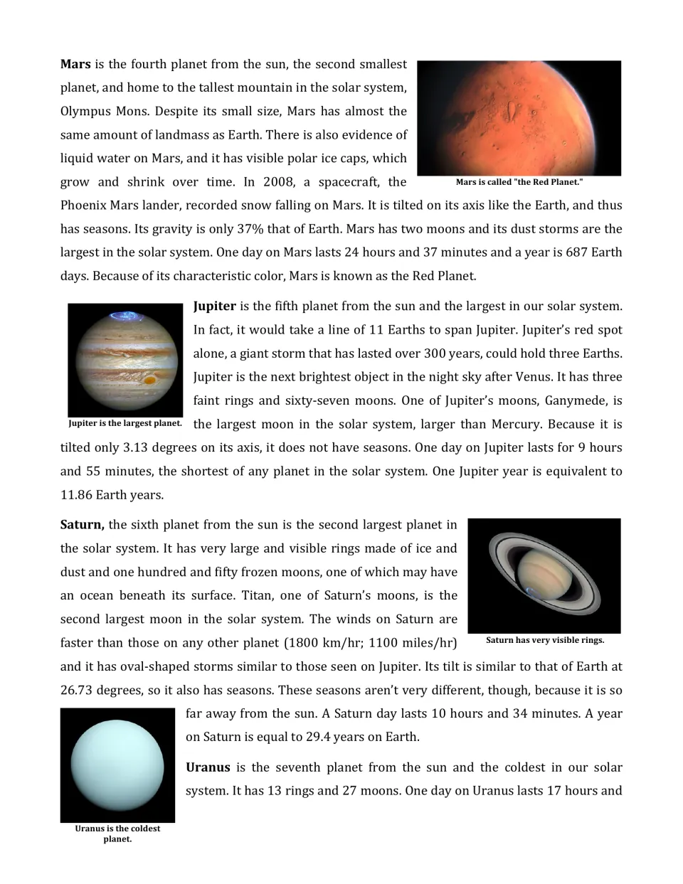 Planet facts reading on Mars, Jupiter, Saturn and Uranus: size, moons, rings, seasons, day and year length, with photos