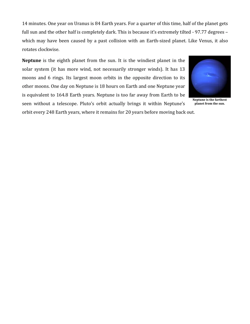 End of the planet reading: Uranus's extreme tilt and Neptune's winds, moons, rings and orbit, with a photo of Neptune