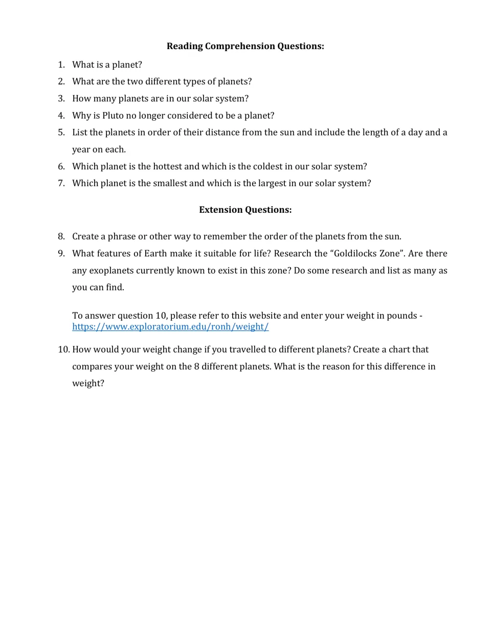 Planet reading comprehension: students answer 7 questions on planet types and order, plus 3 extension research questions