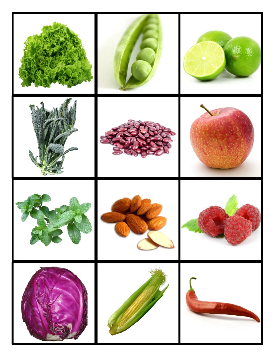 Food photo cards to sort by plant part: lettuce, peas, limes, kale, kidney beans, apple, mint, almonds, raspberries, corn