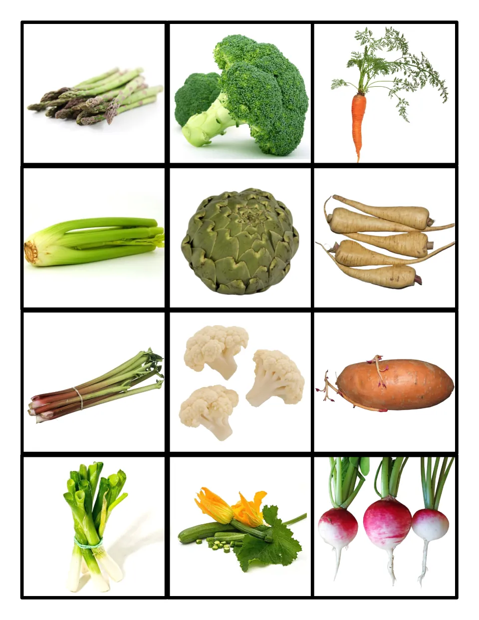 Vegetable photo cards for sorting: asparagus, broccoli, carrot, celery, artichoke, parsnips, cauliflower, radishes