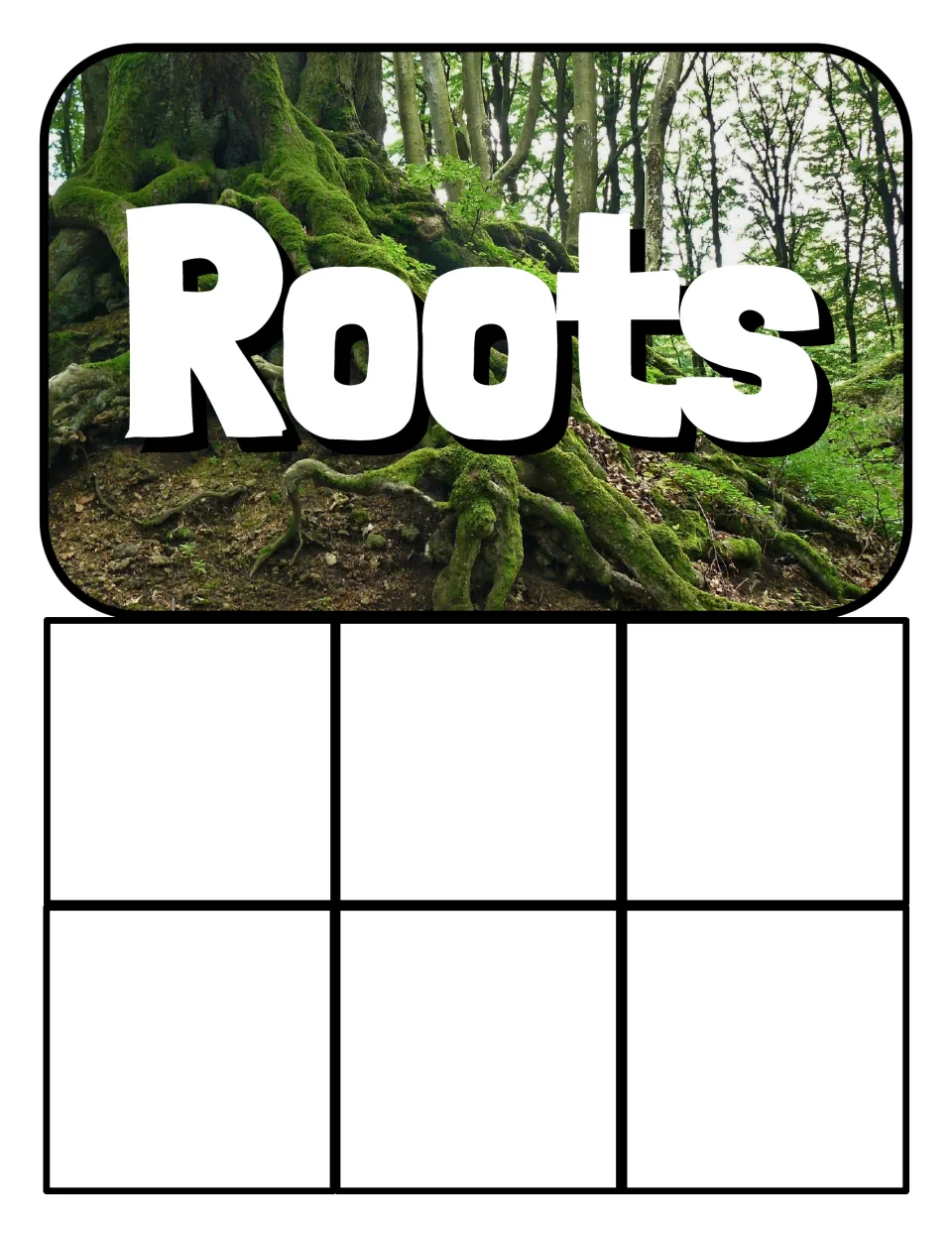 Roots sorting mat: a mossy tree root photo heading above six empty spots where students place the food cards that are roots
