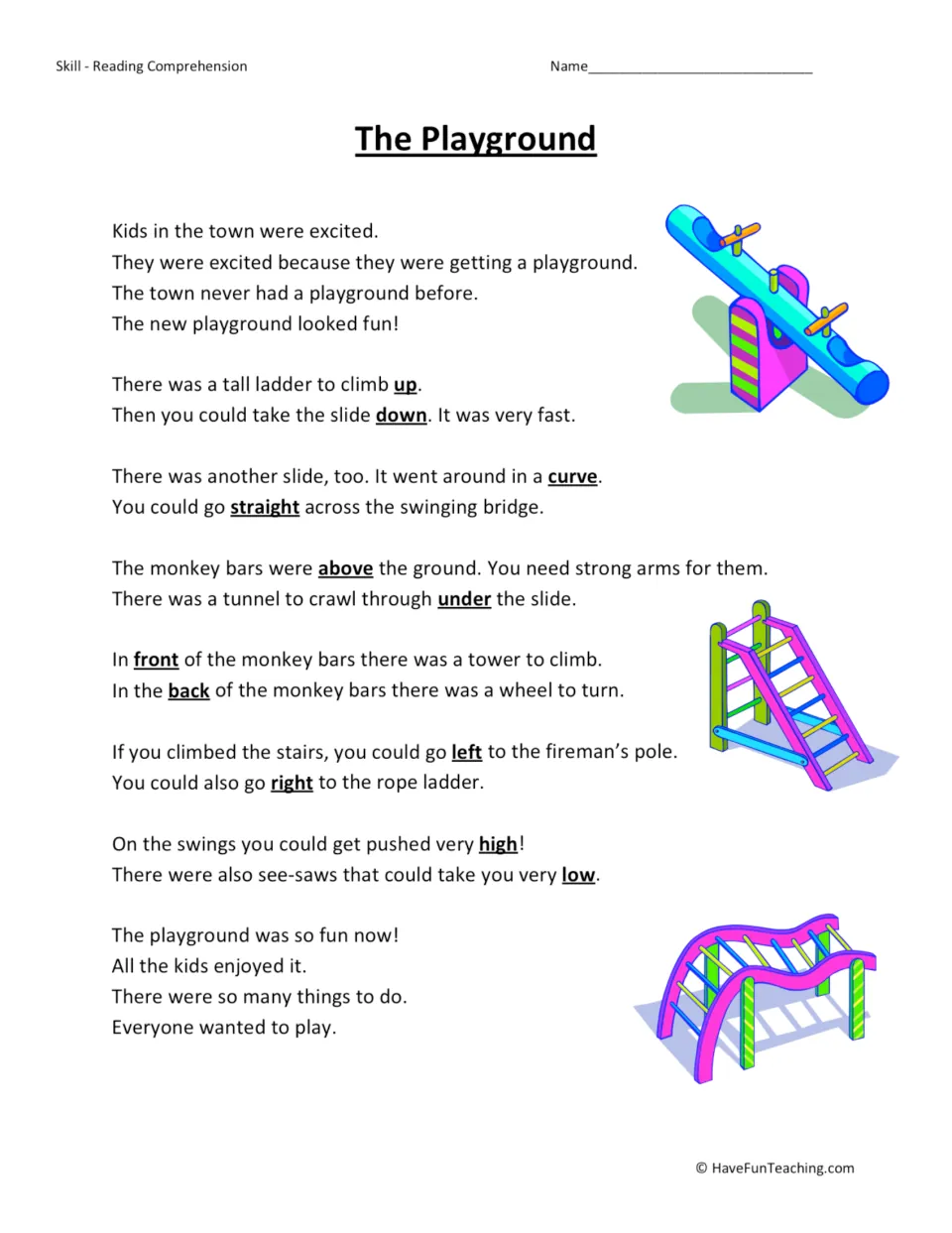 Playground story with underlined opposite words like up/down, above/under and high/low for students to read closely