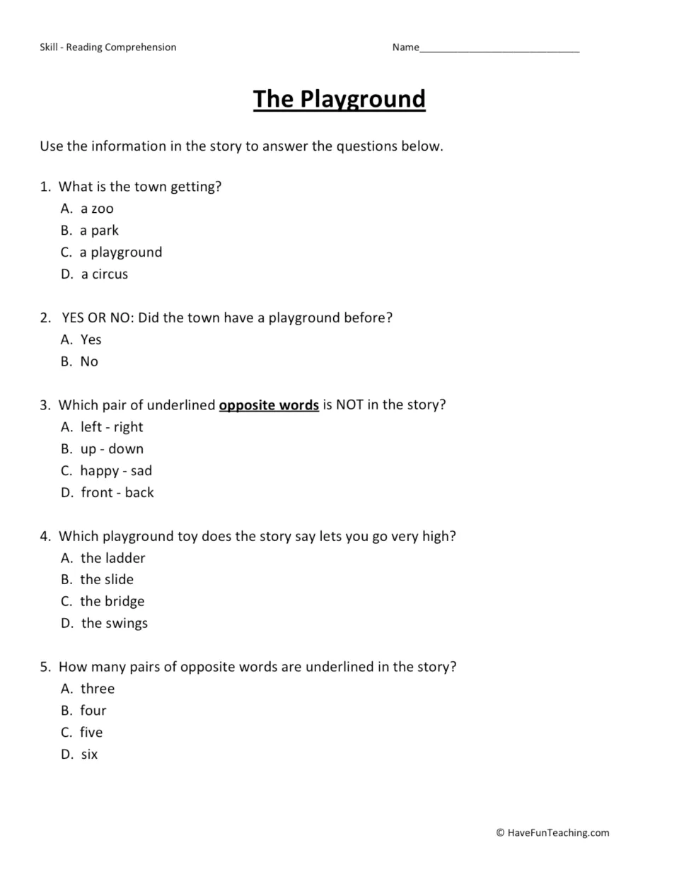 Playground story questions: students answer 5 multiple-choice items on story details and the underlined opposite words