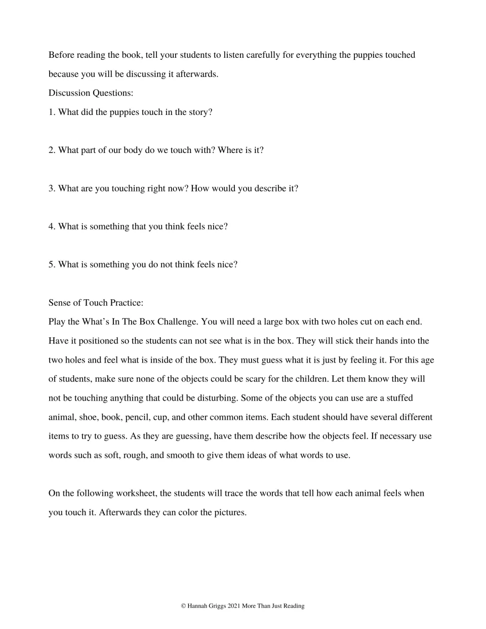 Five touch discussion questions, What's In The Box Challenge directions, and animal worksheet instructions