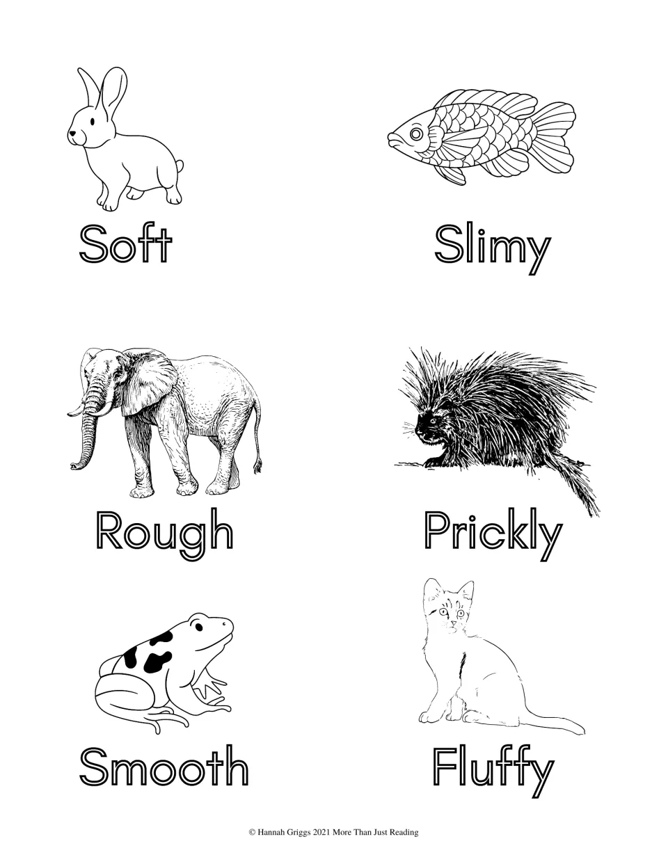 Animal texture worksheet pairs six animals with words to trace: soft, slimy, rough, prickly, smooth, and fluffy