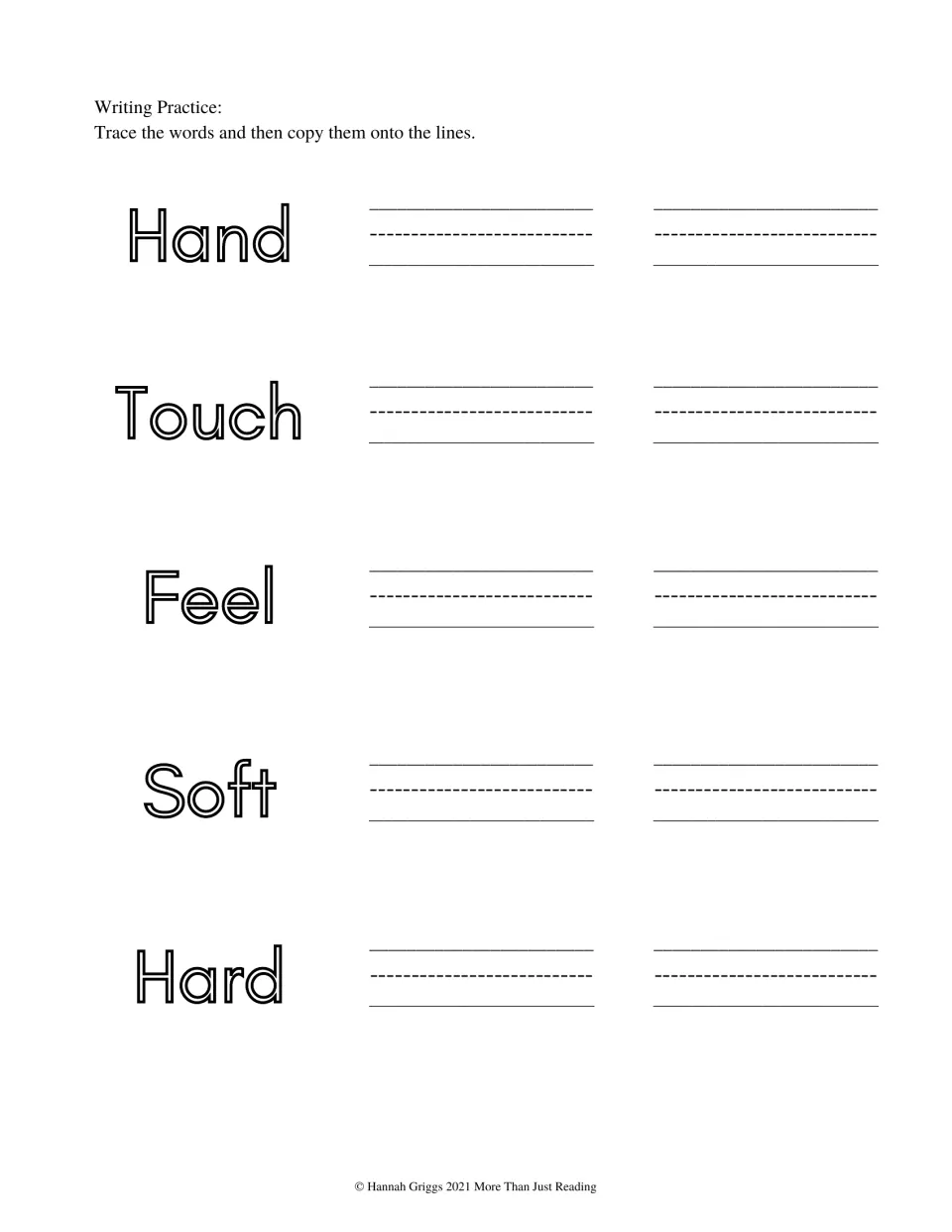 Touch vocabulary handwriting practice asks students to trace and copy the words Hand, Touch, Feel, Soft, and Hard