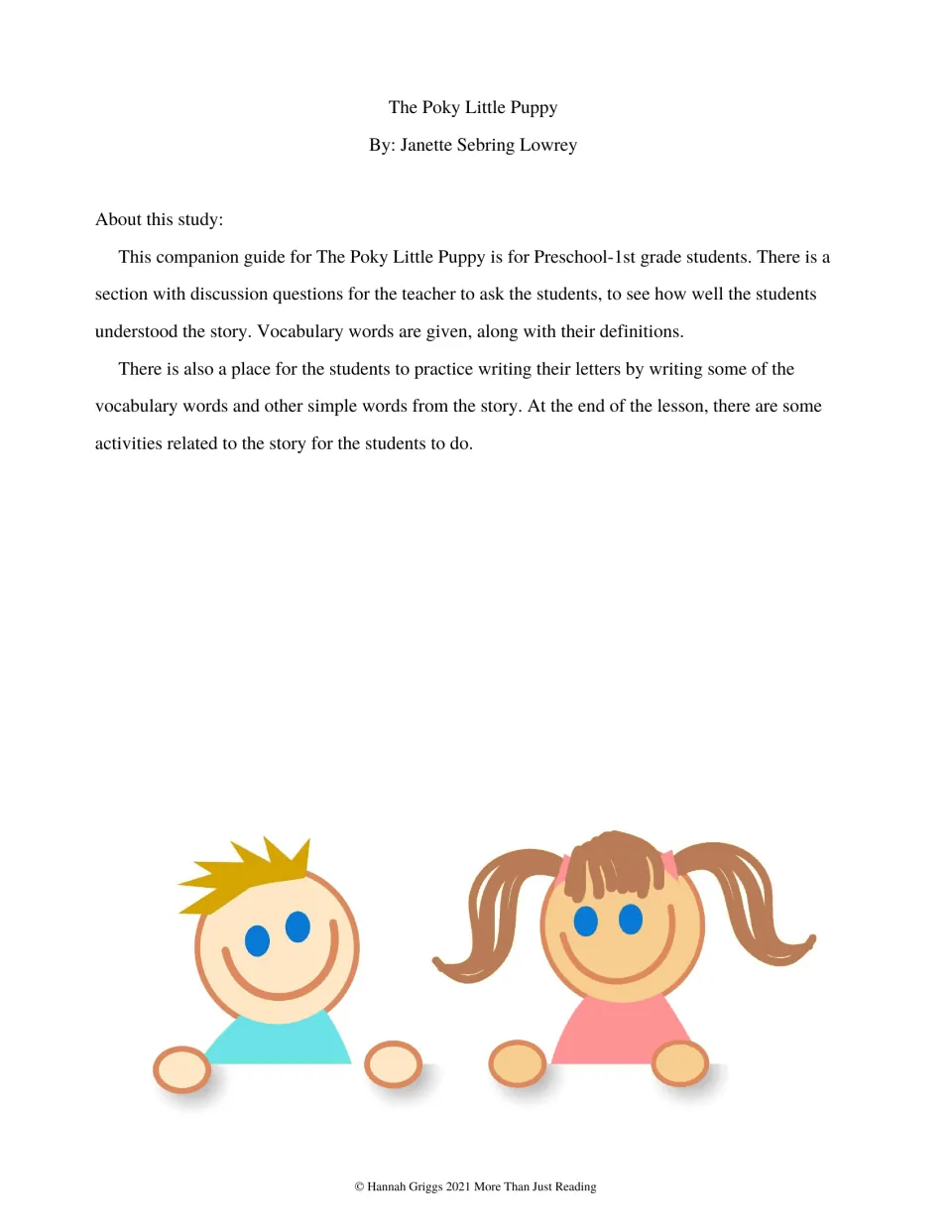 Guide introduction for preschool through first grade outlines discussion, vocabulary, writing, and activities