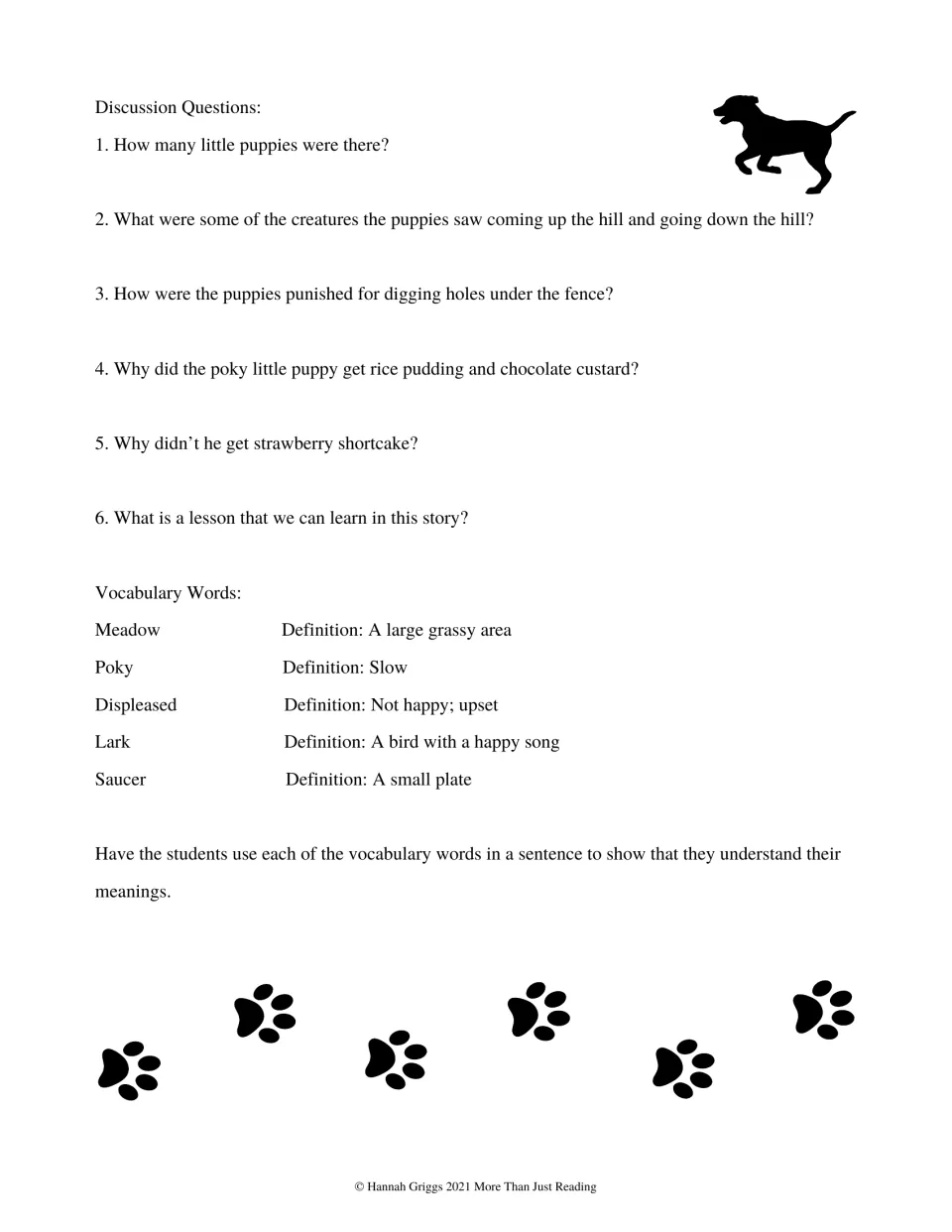Six story discussion questions and definitions for meadow, poky, displeased, lark, and saucer