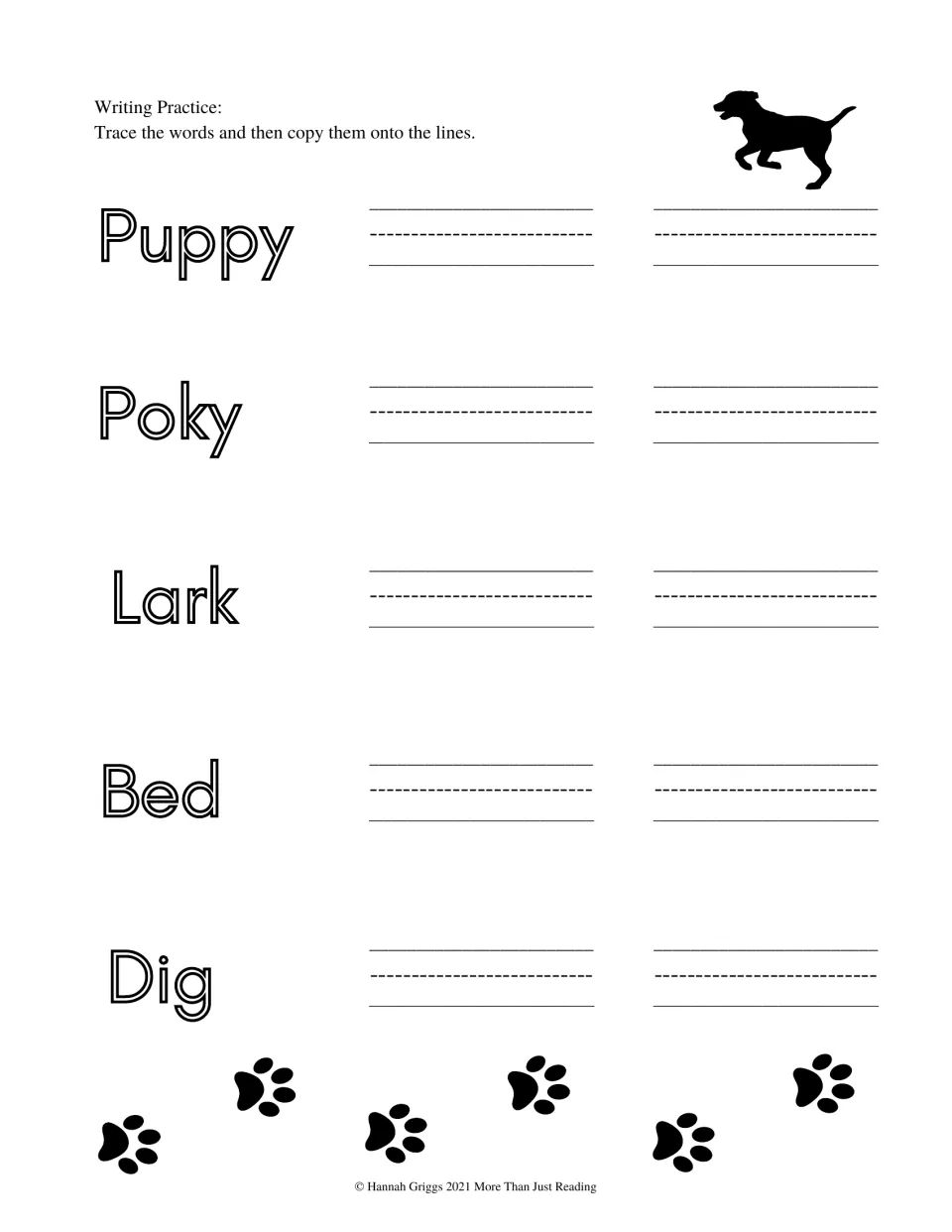 Handwriting practice asks students to trace and copy five story words: Puppy, Poky, Lark, Bed, and Dig