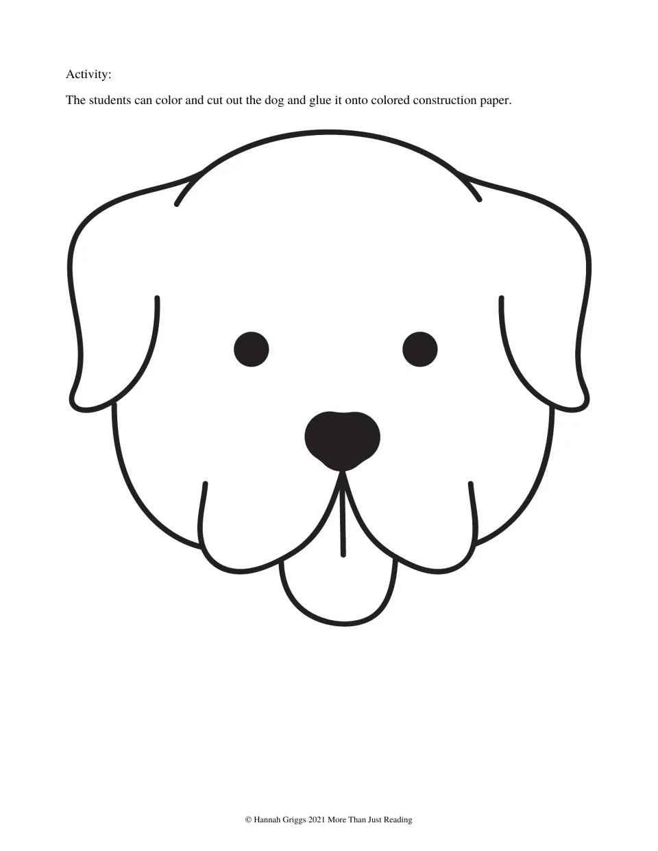 Dog face coloring cutout for the story activity, to color, cut out, and glue onto colored construction paper