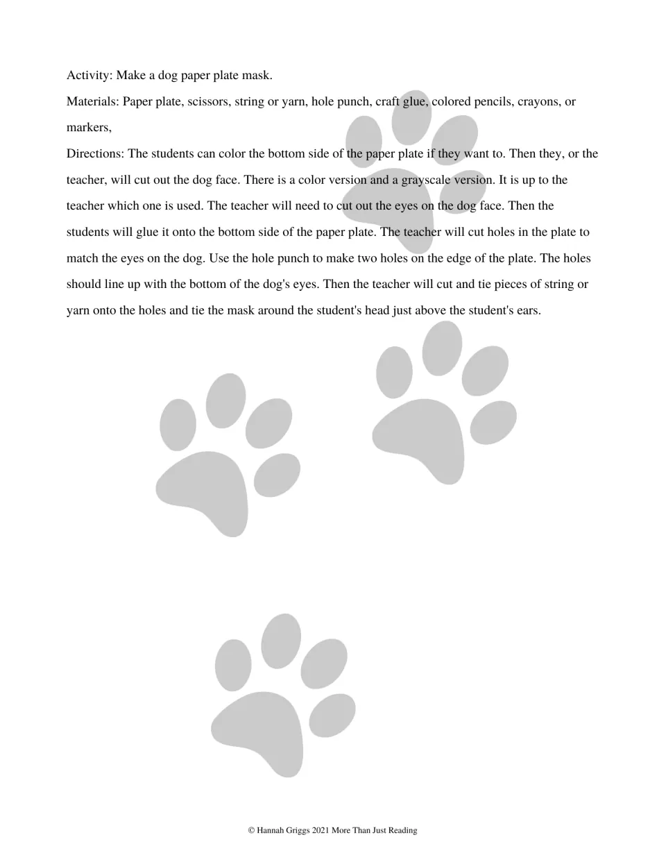 Paper plate dog mask directions list materials and explain cutting, gluing, and attaching string or yarn