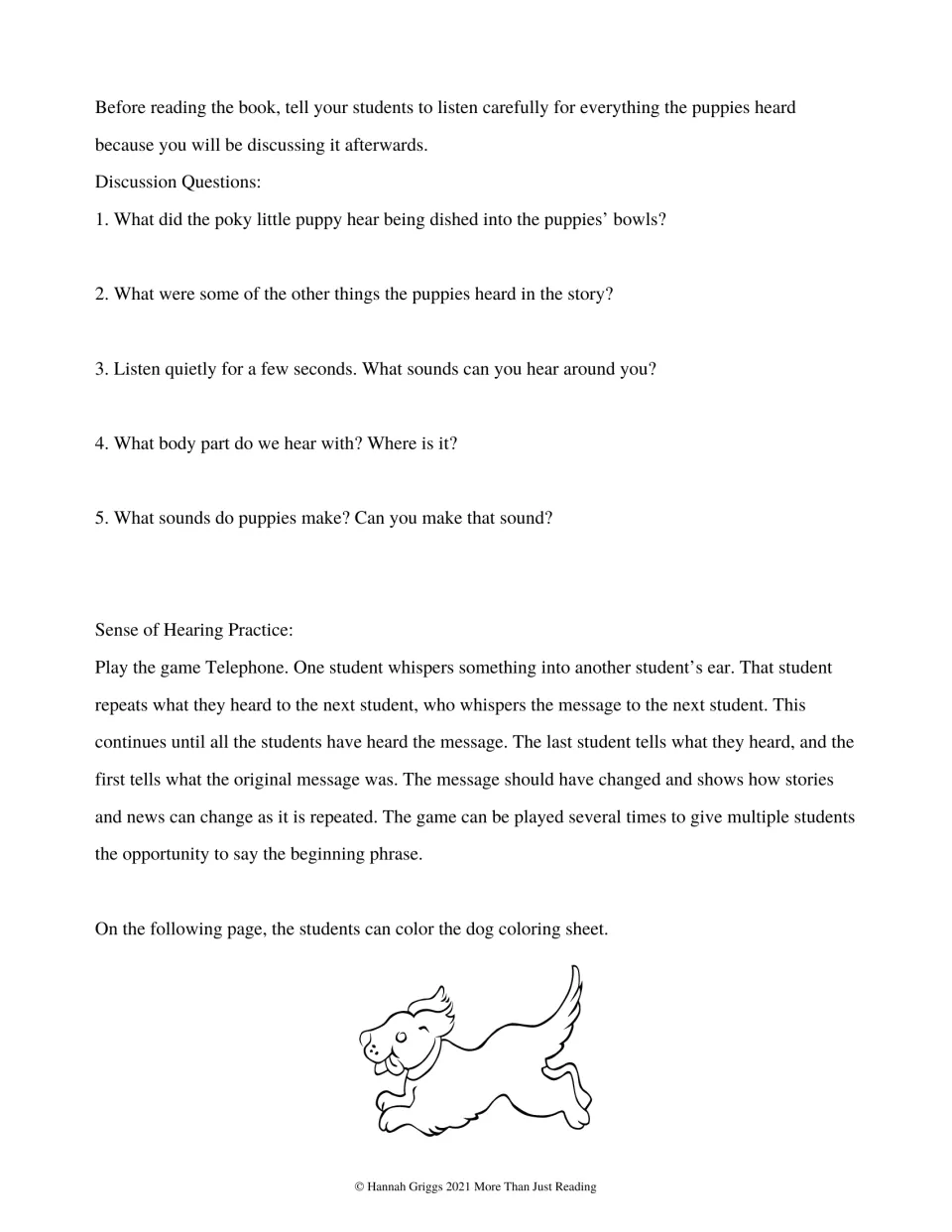 Five story and hearing discussion questions, followed by Telephone game directions and a coloring prompt