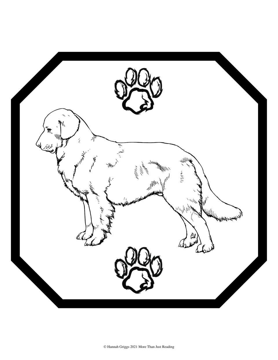 Dog coloring sheet for the hearing activity guide shows a standing dog with two paw prints to color