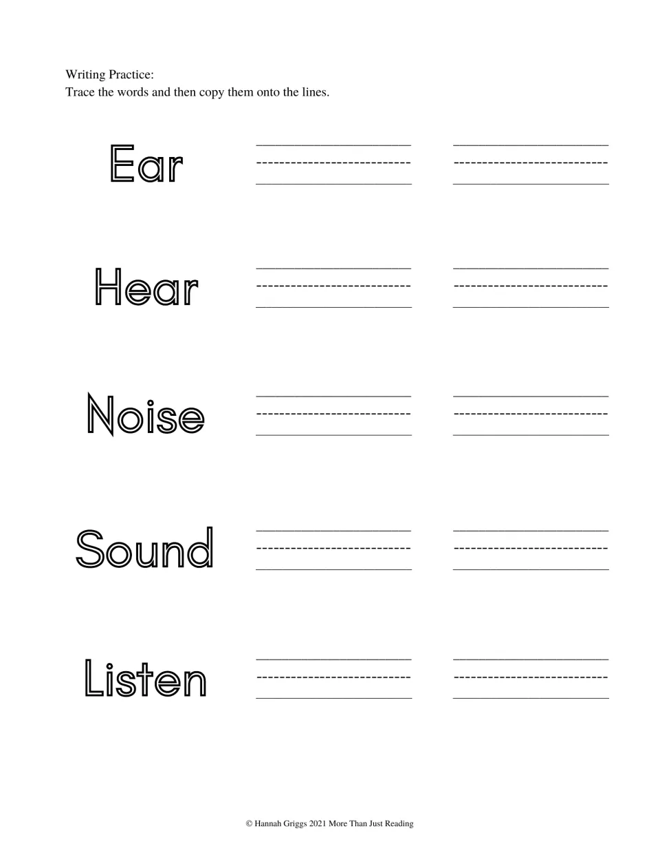 Hearing vocabulary writing practice asks students to trace and copy Ear, Hear, Noise, Sound, and Listen