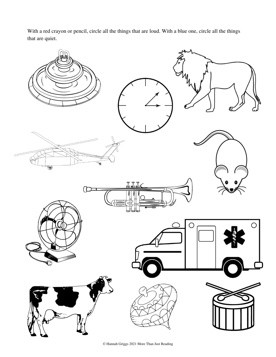 Loud-or-quiet activity asks students to circle pictures in red or blue, including a lion, clock, and drum