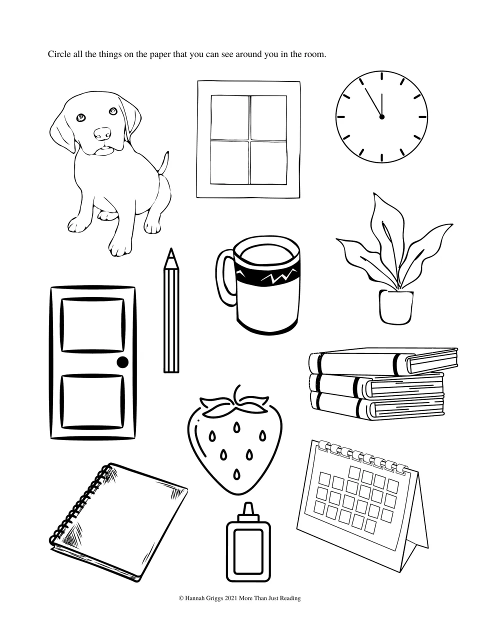 Room-observation worksheet asking students to circle pictured objects they can see, including a clock and books