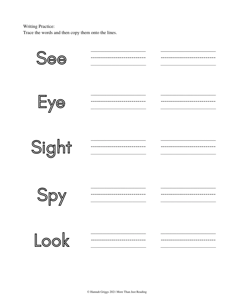 Sight vocabulary handwriting practice asking students to trace and copy five words: See, Eye, Sight, Spy, Look