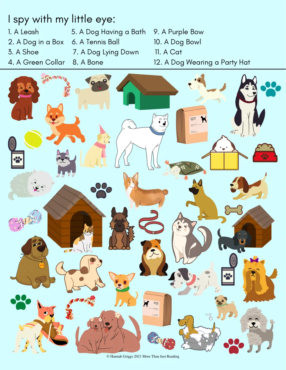 Dog-themed I Spy search with 12 targets, including a leash, a dog in a box, a tennis ball, and a purple bow