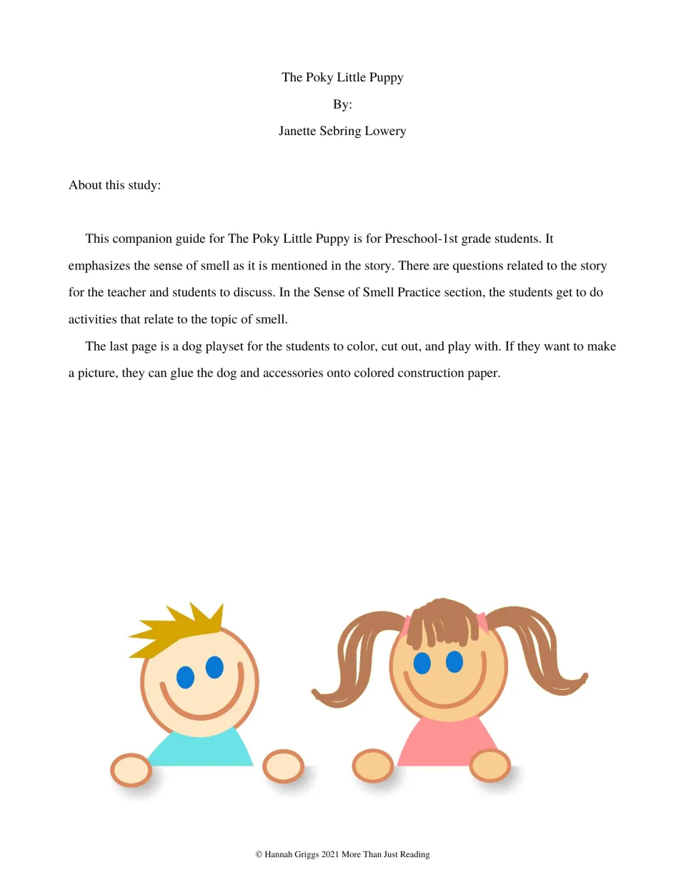 Teacher overview explains the preschool–first grade guide's smell discussions, activities, and dog playset