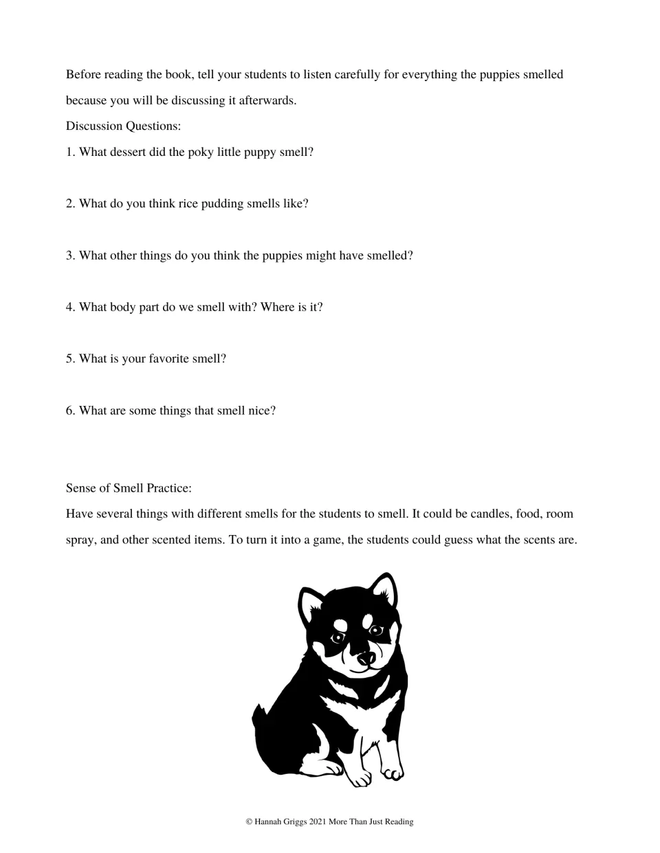 Discussion page asks six questions about the puppy and smells, then gives a scent identification activity