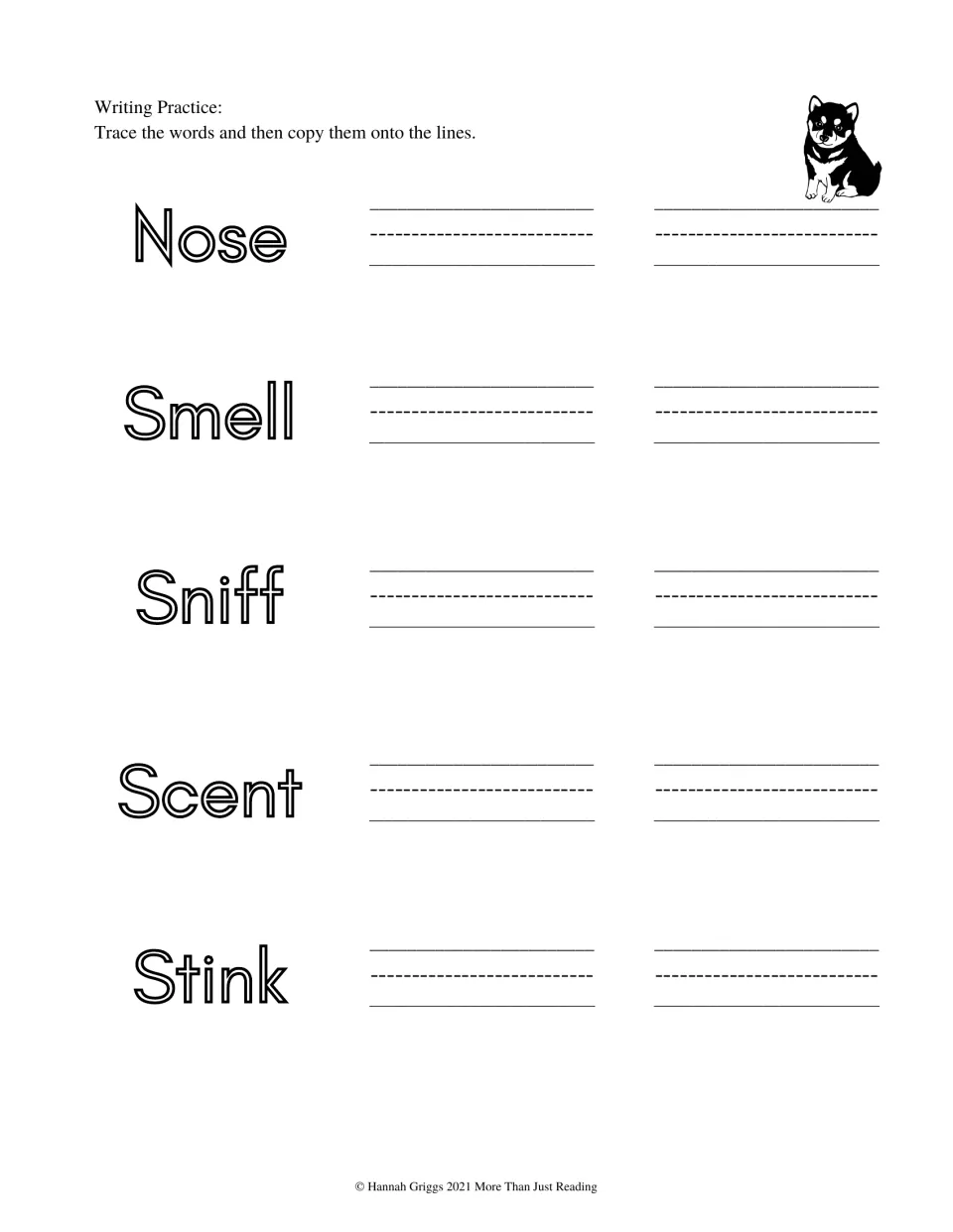 Writing practice asks students to trace and copy five smell-related words: Nose, Smell, Sniff, Scent, and Stink