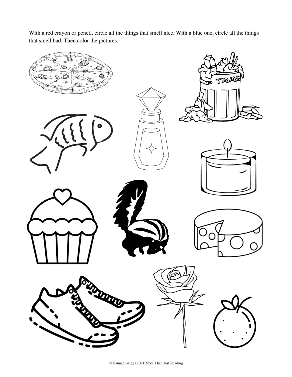 Smell-sorting activity asks students to circle nice smells in red and bad smells in blue, then color 12 pictures