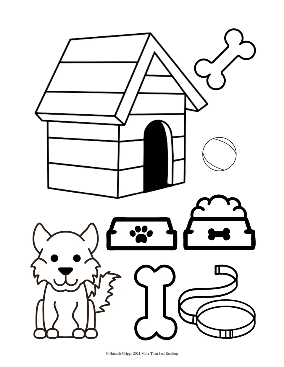 Dog playset to color and cut out includes a dog, doghouse, two bones, ball, two bowls, and collar with leash