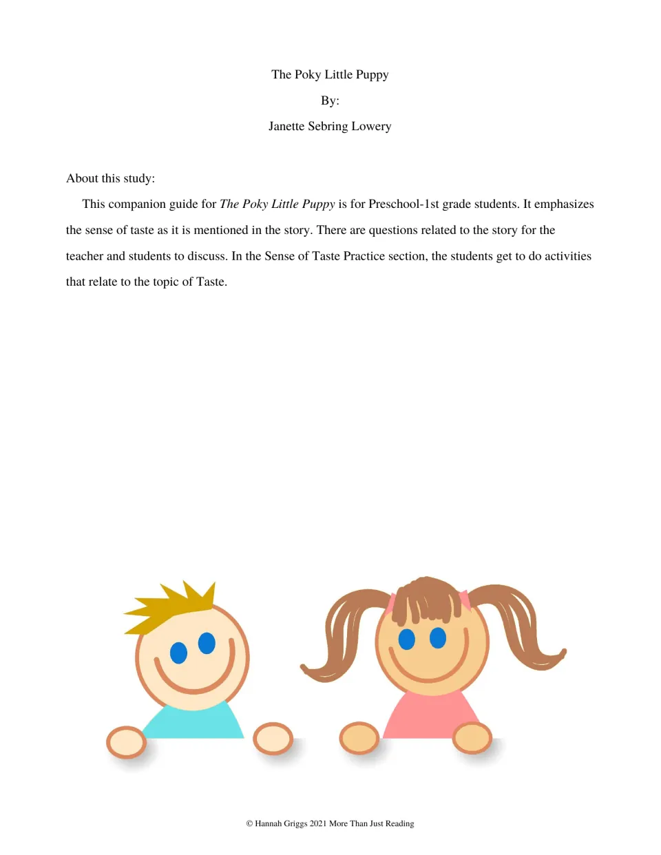 Guide introduction for preschool through first grade explains the story discussion and sense of taste activities