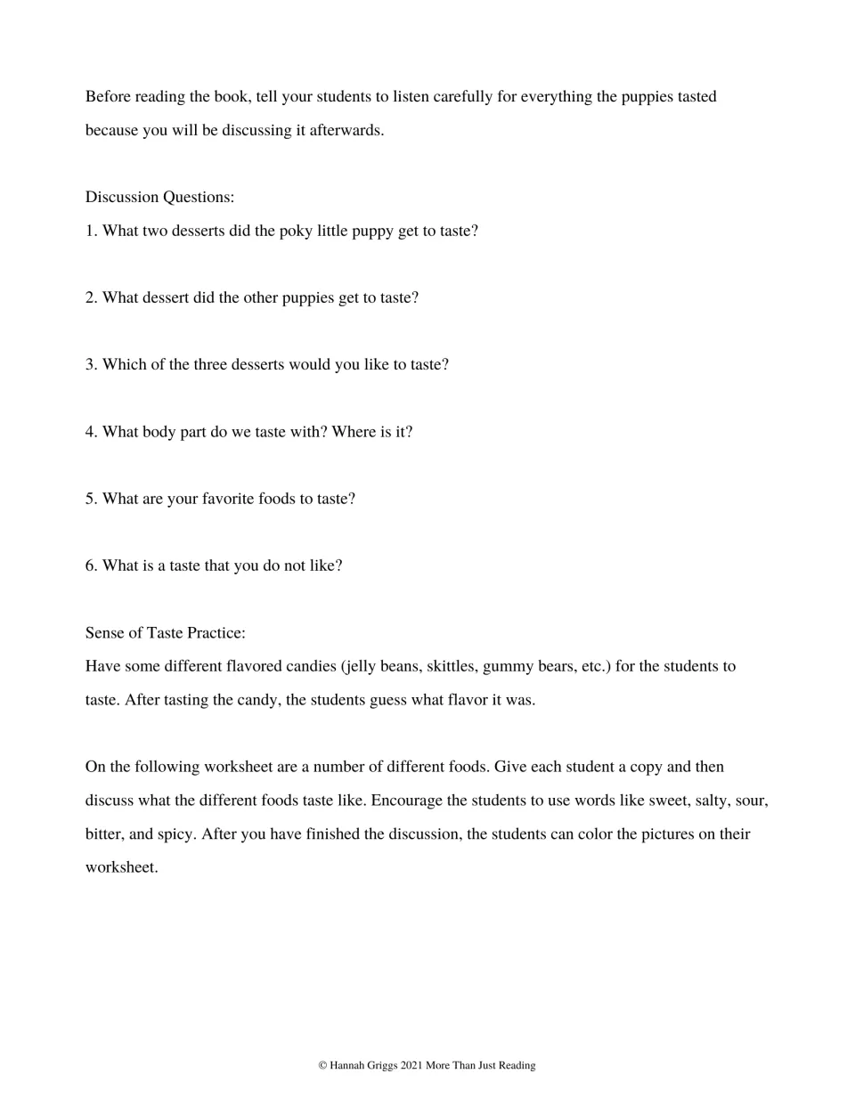 Six discussion questions about desserts and taste, plus candy flavor guessing and food vocabulary activities