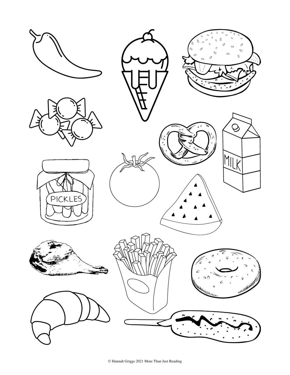 Food coloring sheet for discussing taste includes a pepper, ice cream, hamburger, pretzel, pickles, and milk