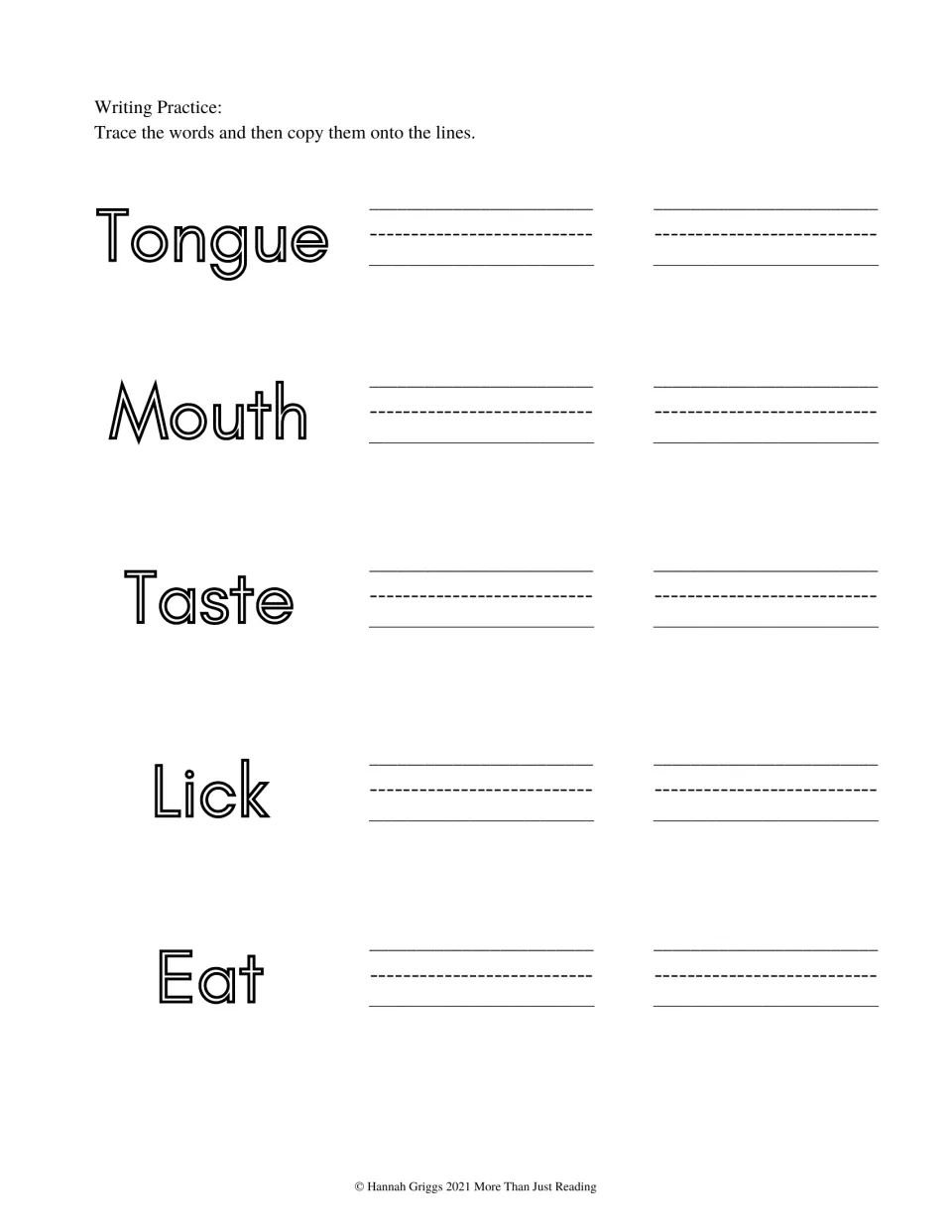 Taste vocabulary handwriting practice asks students to trace and copy the words Tongue, Mouth, Taste, Lick, and Eat