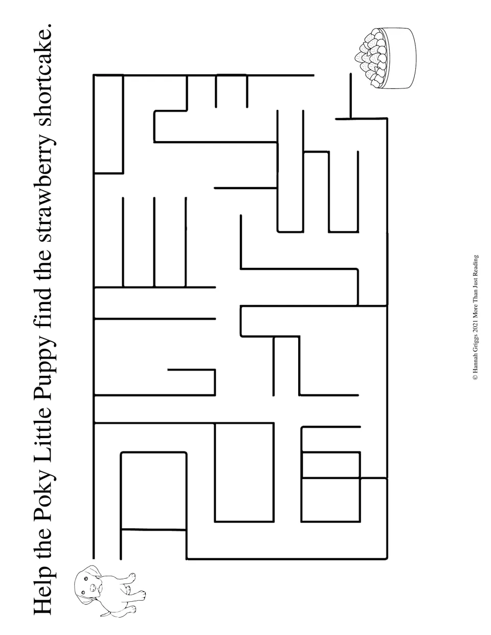 Story companion maze asks students to help the puppy find strawberry shortcake by following a path to the dessert