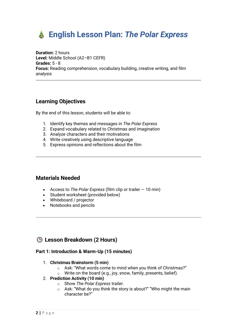 Lesson plan opening: learning objectives, materials, Christmas brainstorm, and trailer prediction activity