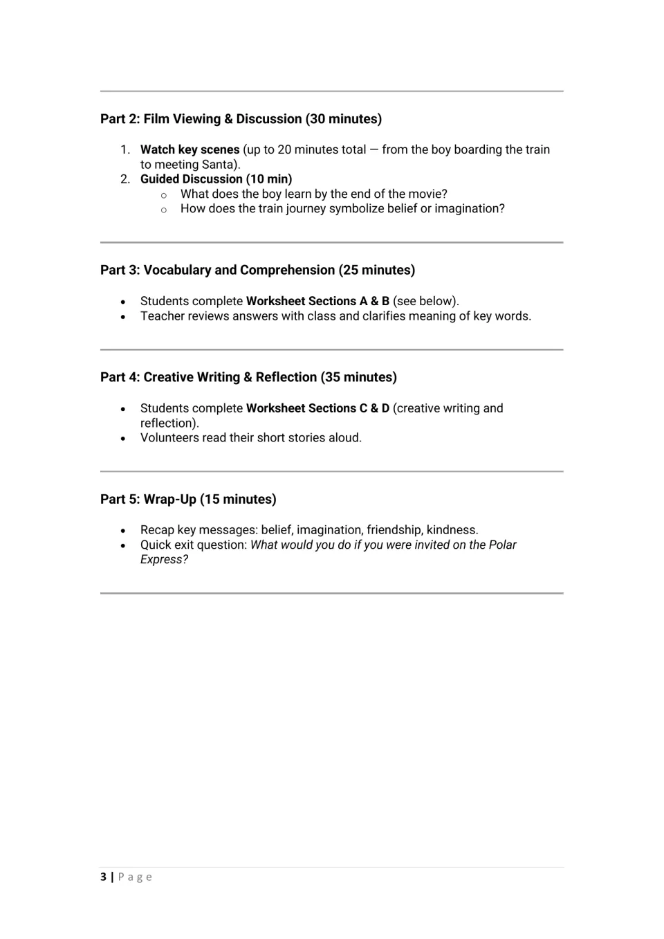 Lesson plan continuation: film discussion, vocabulary, comprehension, creative writing, reflection, and wrap-up