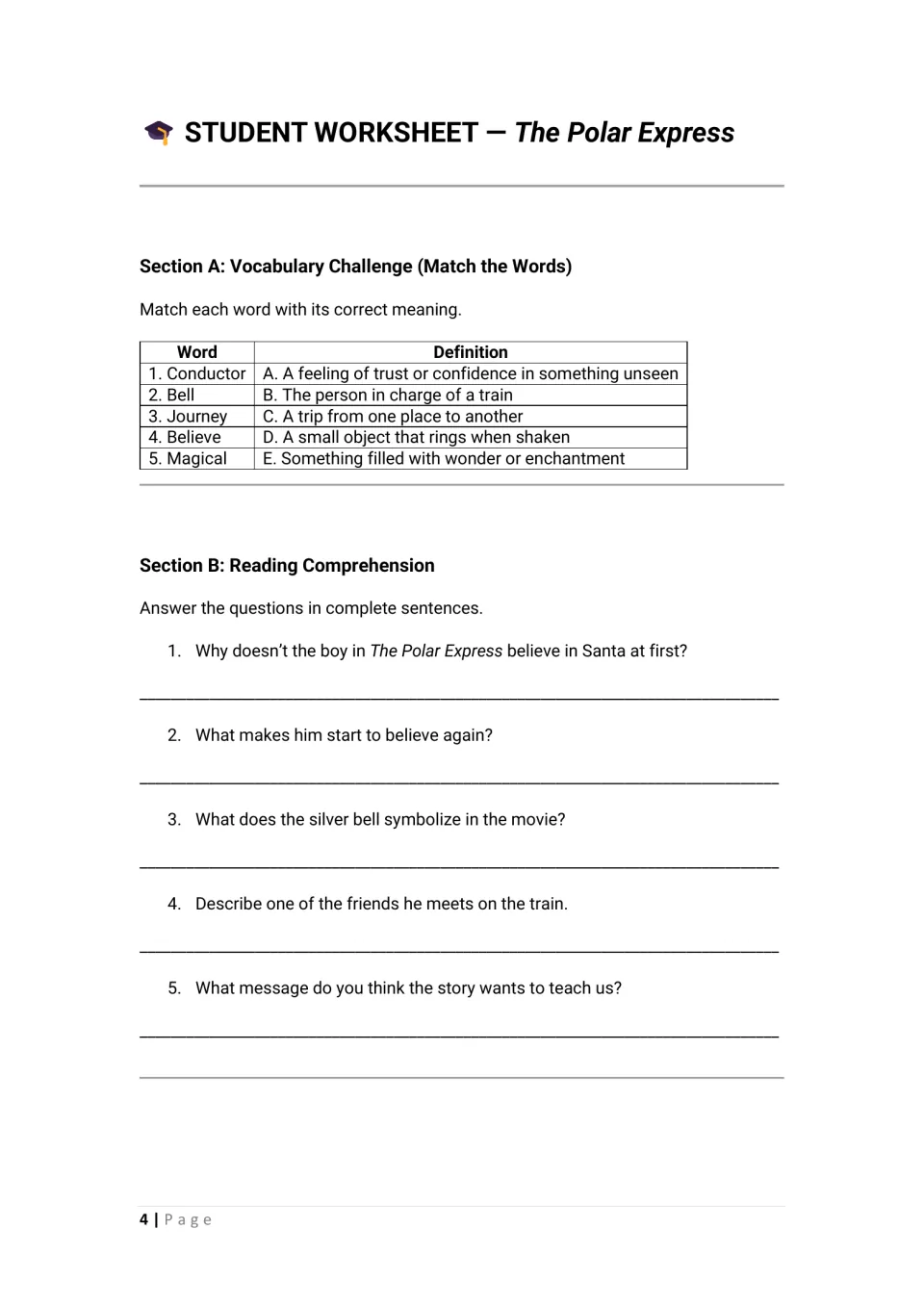 Student worksheet sections A–B: match conductor, bell, journey, believe, and magical; answer five story questions