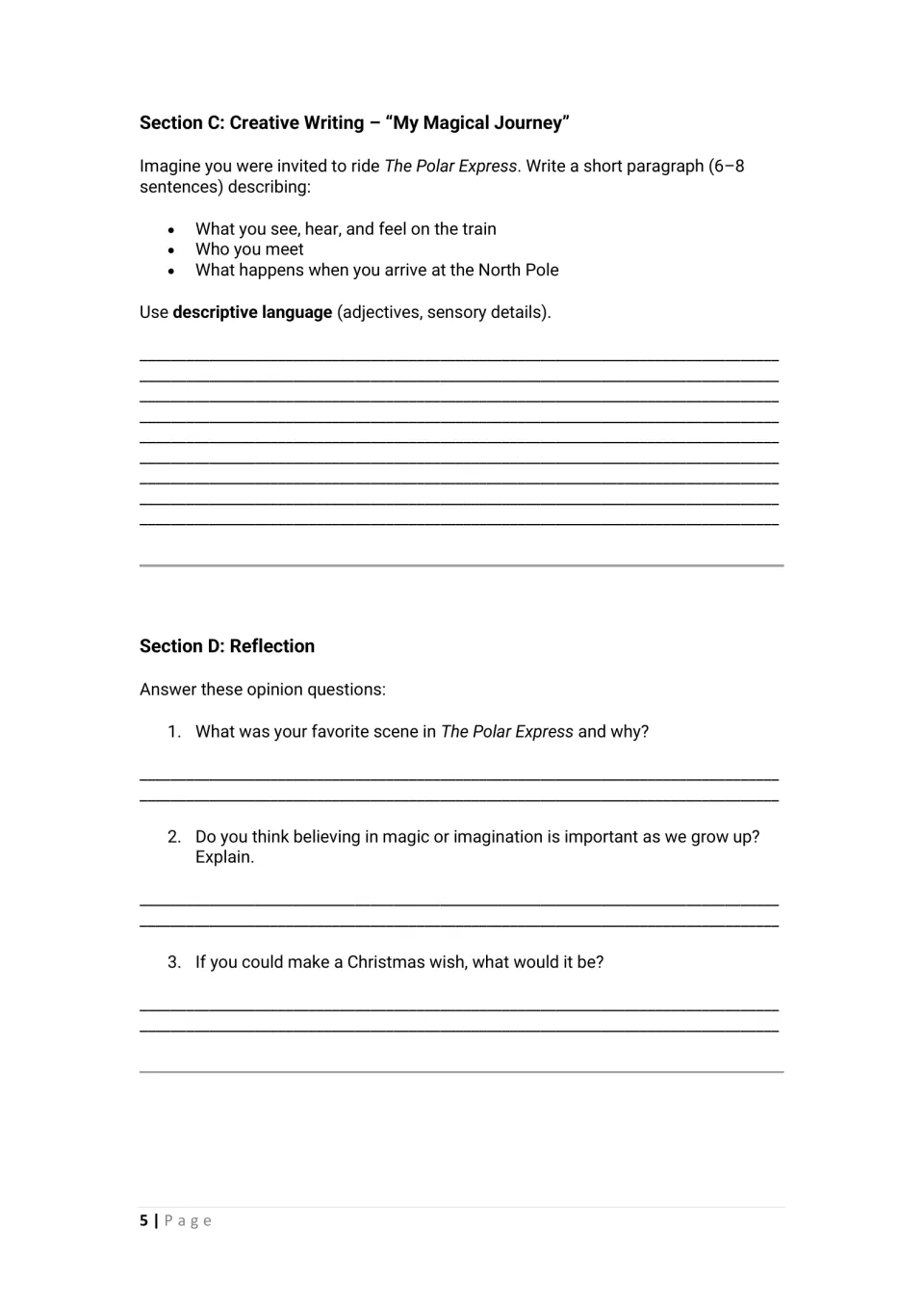 Student worksheet sections C–D: write a 6–8 sentence magical journey and answer three reflection questions