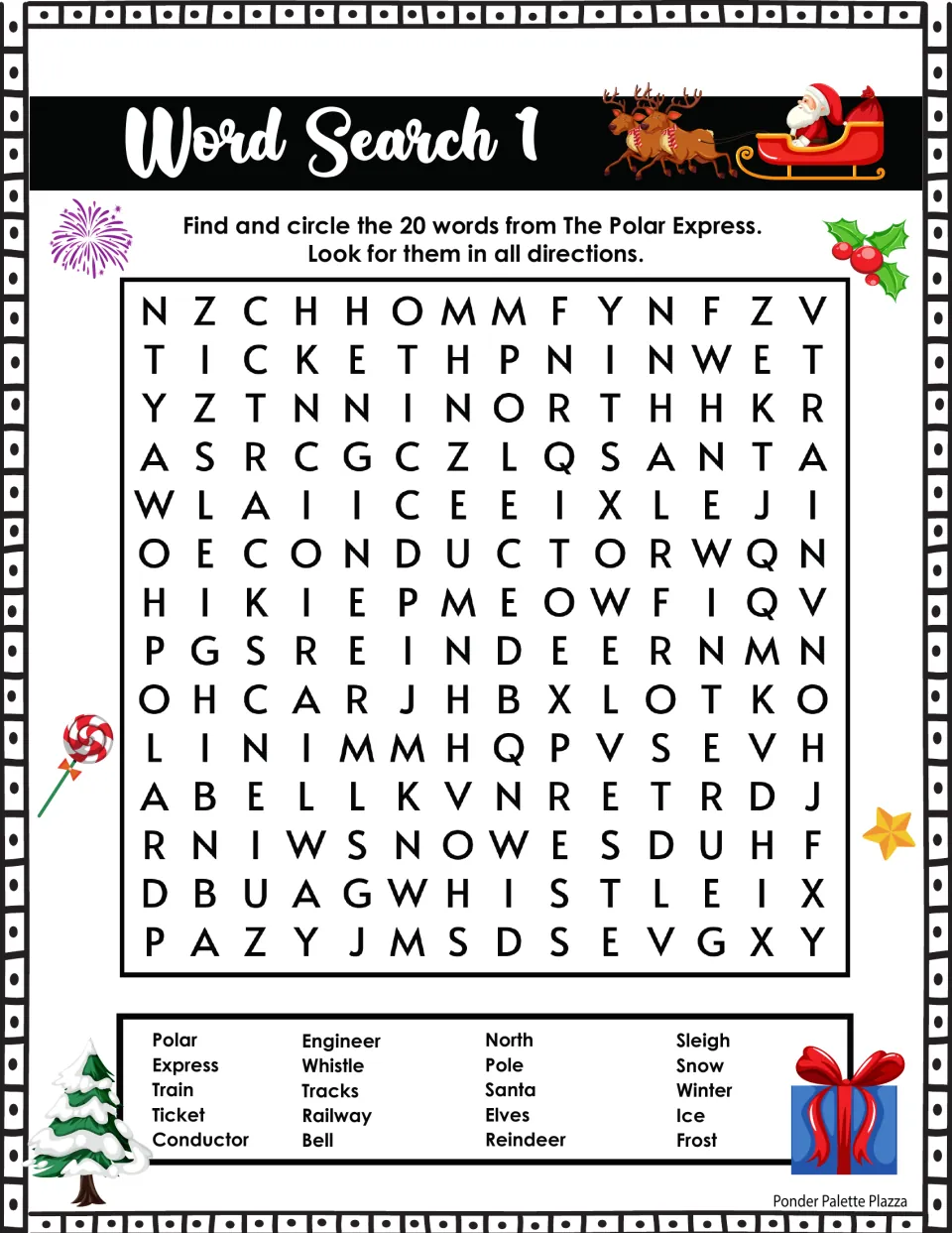 Polar Express word search 1: students find and circle 20 words such as conductor, sleigh, reindeer and whistle