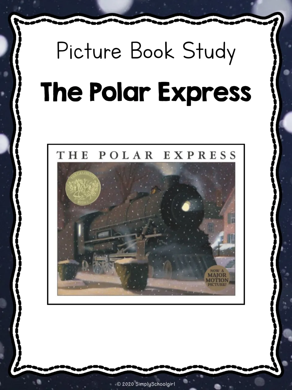 Cover: Picture Book Study for The Polar Express, showing the book's cover art of a steam train stopped in falling snow