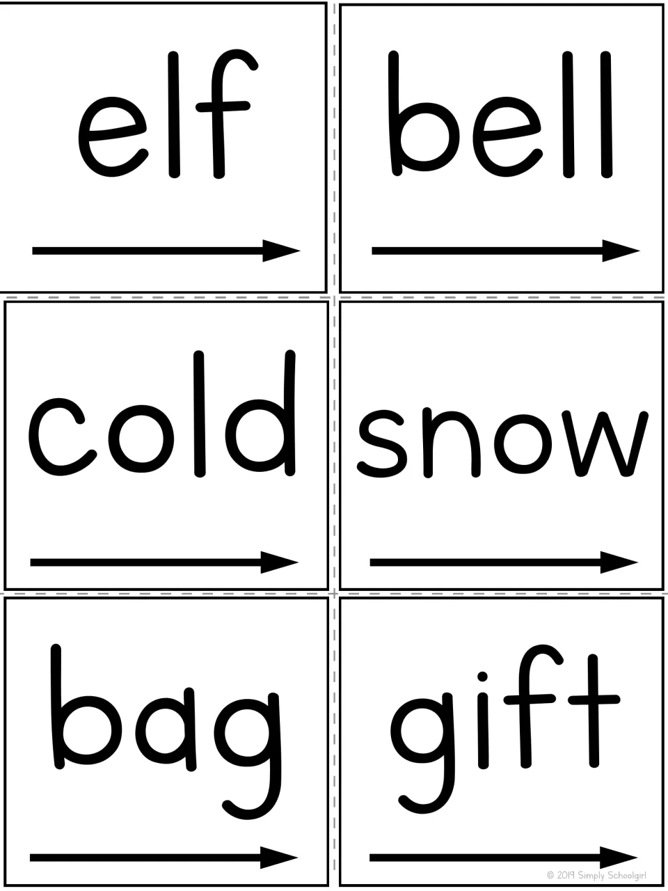Word cards for reading practice: elf, bell, cold, snow, bag and gift, each with a left-to-right arrow under the word