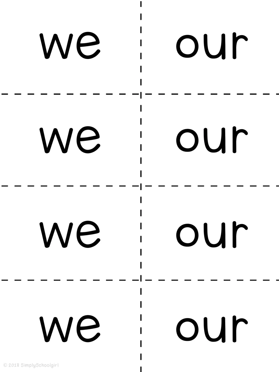 Sight word cards to cut apart: the words we and our printed four times each for word recognition and matching