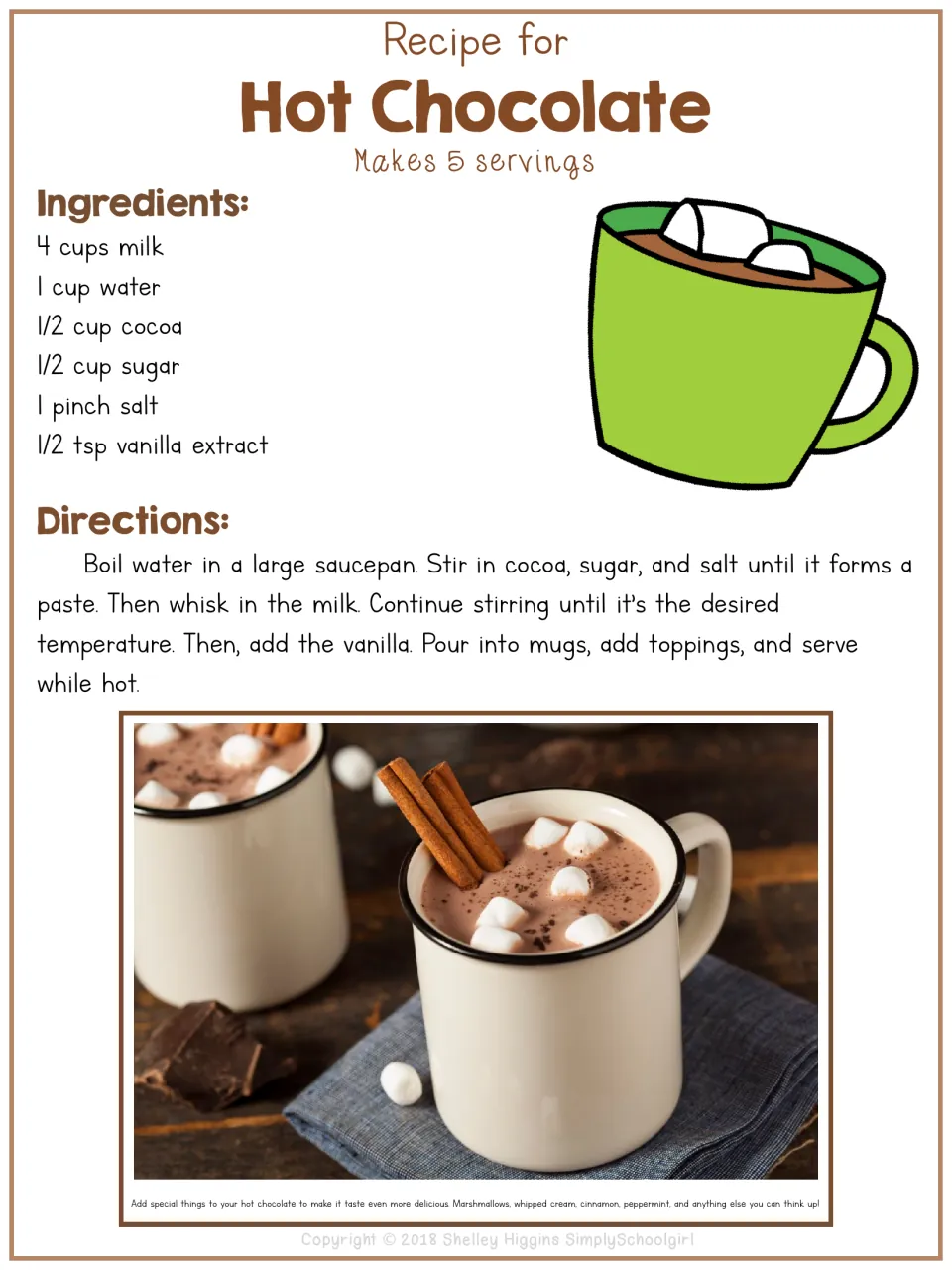 Hot chocolate recipe making 5 servings: ingredients list of milk, water, cocoa, sugar, salt and vanilla, with directions