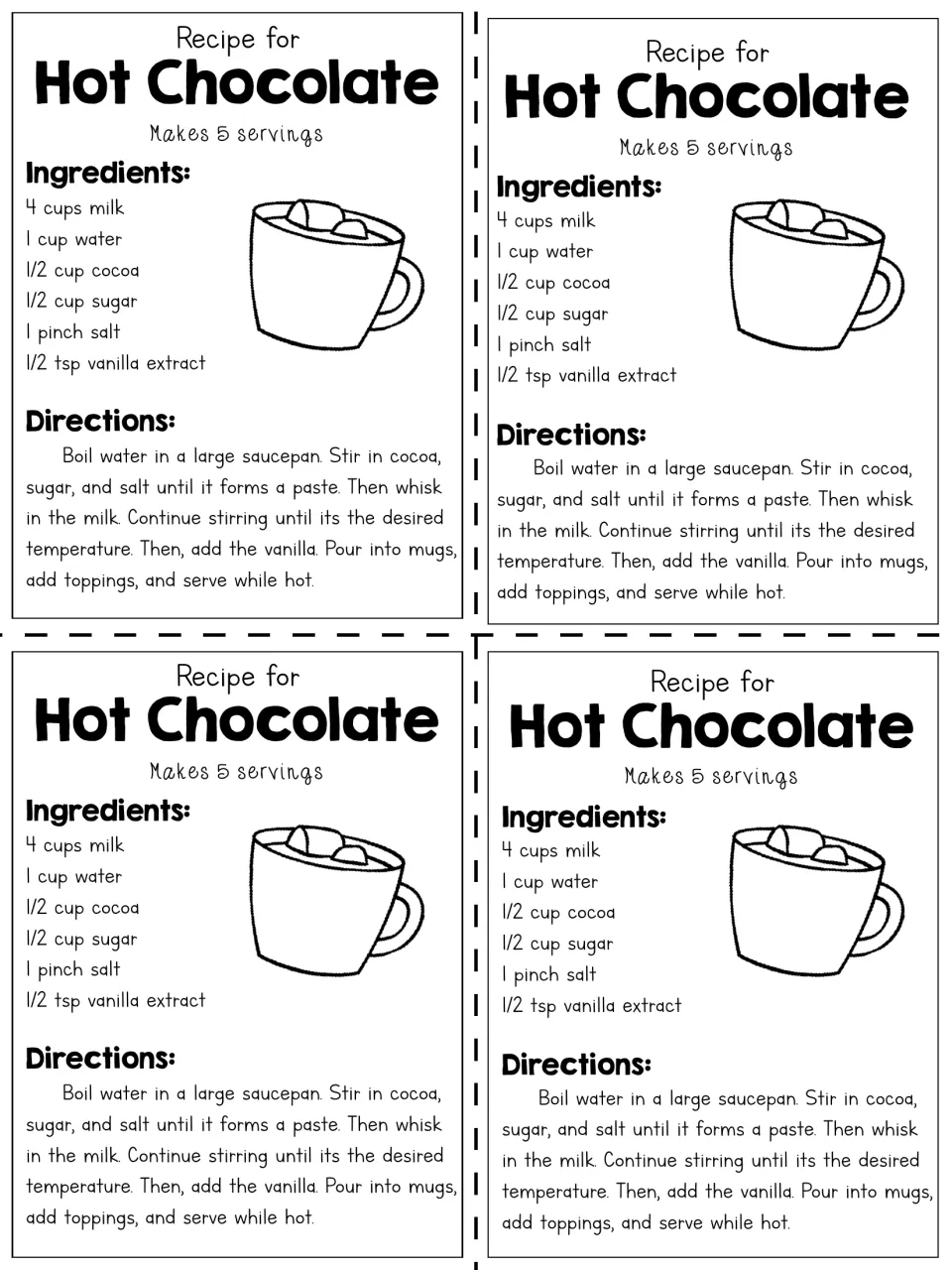Four black-and-white hot chocolate recipe cards to cut out, each with ingredients, directions and a mug outline