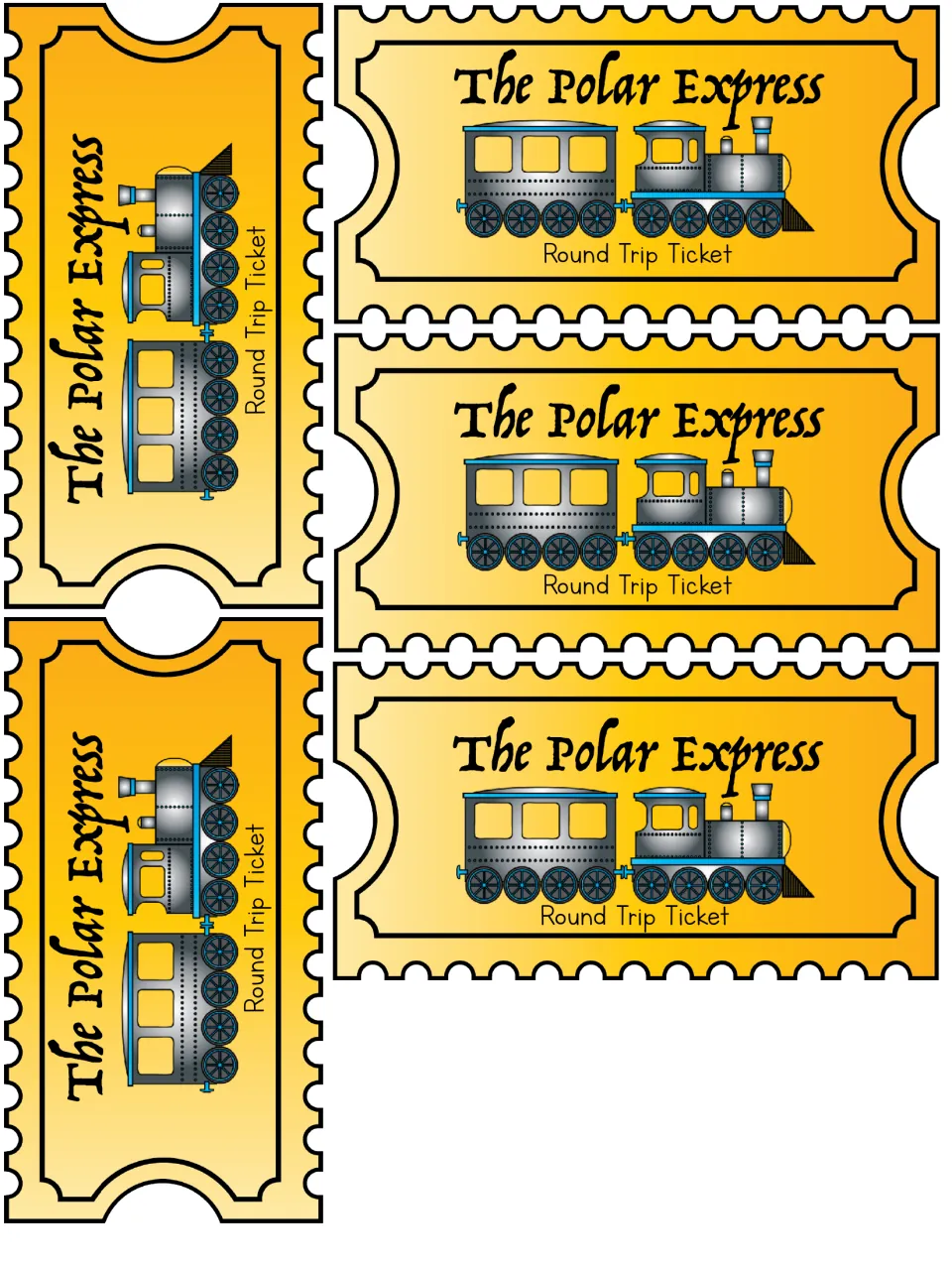 Round trip train tickets to cut out: five gold tickets each showing a steam engine, a passenger car and the story's name